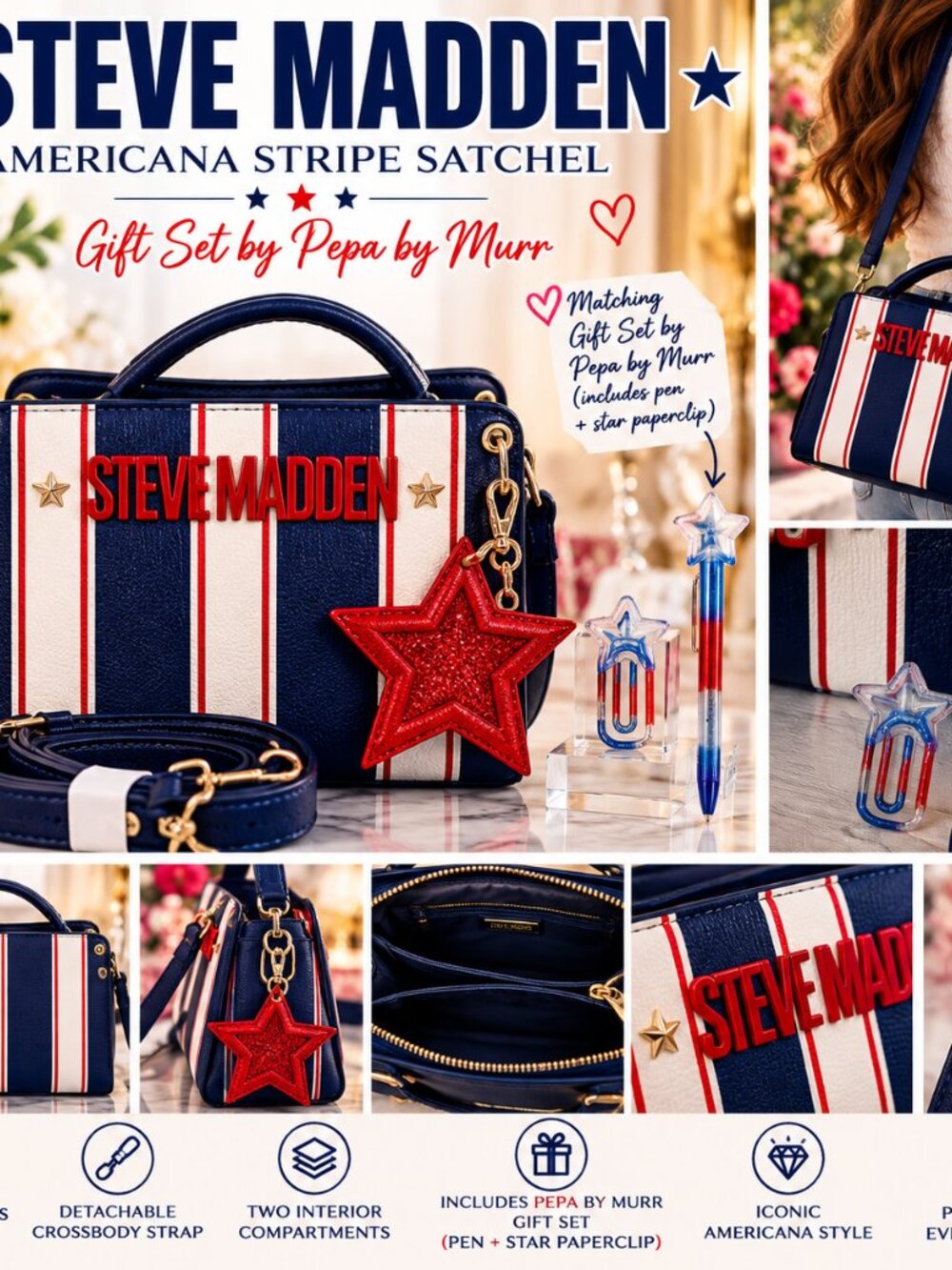 Steve Madden Americana Stripe Satchel NWT + Star Charm Gift Set